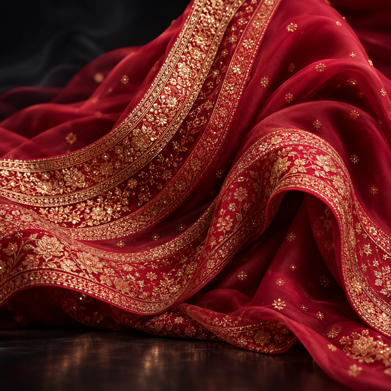 Detailed red occasion wear with delicate gold embroidery
